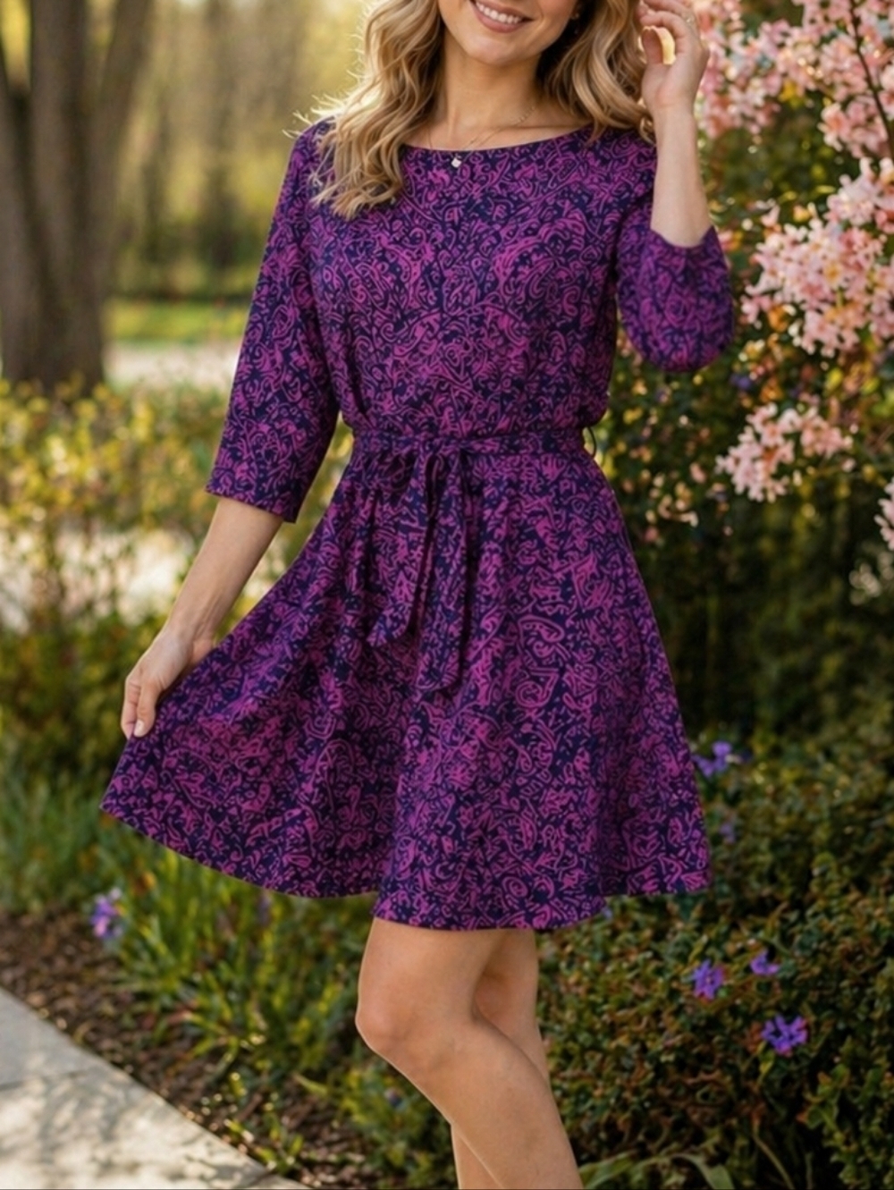 Banana Republic 100% Viscose Petite Purple Print 3/4 Sleeve Fit & Flare Dress